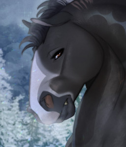 ambiguous_feral ambiguous_gender brown_eyes fangs feral glistening glistening_eyes grey_body grey_mane looking_at_viewer mane markings mouth_closed narrowed_eyes side_view solo teeth white_markings huskii-s equid equine horse mammal absurd_res hi_res