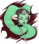 ambiguous_gender black_collar chain collar collar_ring collarbone green_body green_skin leash lekku_(anatomy) lipstick looking_at_viewer makeup metal_chain not_furry pseudo_hair simple_background solo nite star_wars oola alien alien_humanoid humanoid twi'lek