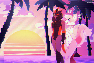 anthro anthro_on_anthro black_inner_ear_fluff brown_body brown_fur brown_hair crotch_tuft dipstick_tail duo emanata eye_contact featureless_crotch fluffy fluffy_tail fur hair half-closed_eyes hand_holding inner_ear_fluff looking_at_another male male/male markings narrowed_eyes nude outside palm_tree pink_body pink_fur plant purple_body purple_fur red_body red_fur red_markings romantic romantic_couple smile standing tail tail_markings tree tuft vaporwave white_body white_fur skweekers canid canine fox mammal rodent sciurid tree_squirrel 2026 hi_res