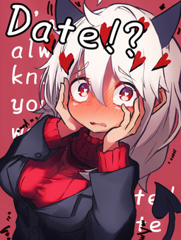 black_horn blush breasts clothing female hair hand_on_cheek hand_on_head heart_eyes heart_symbol horn looking_at_viewer not_furry open_mouth red_background red_eyes simple_background solo spade_tail suit sweater tail text topwear turtleneck white_body white_hair white_skin tabhead helltaker modeus_(helltaker) demon demon_humanoid humanoid absurd_res english_text hi_res