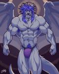 5_fingers abs angry anthro armpit_hair biceps blue_body blue_fur blue_skin body_hair bulge chest_hair clothed clothing fangs fingers fist fur glowing glowing_eyes hair intimidation looking_at_viewer male membrane_(anatomy) membranous_wings muscular muscular_anthro muscular_male muscular_thighs nipples purple_hair sabertooth_(anatomy) sharp_teeth snarling solo standing tail teeth topless wings yellow_eyes feralise mythology canid canine canis dragon hybrid mammal mythological_creature mythological_scalie scalie wolf 2018 4:5