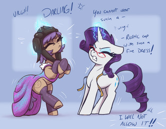 brown_body clothed clothed_feral clothing cutie_mark dialogue dress duo eyebrows eyes_closed eyeshadow eyewear female feral glasses hair hooves horn long_hair magic makeup purple_hair purple_tail quadruped tail talking_feral tape_measure teeth text white_body t72b friendship_is_magic hasbro my_little_pony mythology fan_character rarity_(mlp) earth_pony equid equine horse mammal mythological_creature mythological_equine pony unicorn english_text hi_res