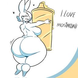 anthro big_breasts big_butt breasts butt female food hug mustard solo text thick_thighs white_body lokbunny17 lok_bunny lagomorph leporid mammal rabbit 1:1 english_text hi_res