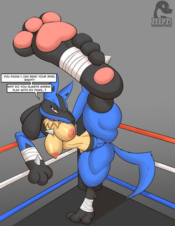 anthro anus arm_spikes arm_wraps breasts chest_spike feet female fighting_ring flexible foot_wraps genitals looking_at_viewer mostly_nude nipples one_leg_up pawpads raised_leg solo spikes spikes_(anatomy) splits spread_legs spreading standing talking_to_viewer text vertical_splits vulva wraps conditional_dnp zp92 nintendo pokemon generation_4_pokemon lucario pokemon_(species) english_text hi_res