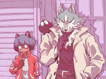 ambiguous_gender anthro blue_body blue_fur blue_hair brown_body brown_fur clothed clothing collar eating female fur gloves group hair hand_in_pocket handwear holding_object jacket licking male pockets tongue tongue_out topwear waggy brand_new_animal studio_trigger michiru_kagemori shirou_ogami avian canid canine canis mammal raccoon_dog tanuki wolf 2020 digital_media_(artwork) hi_res