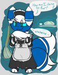 2_tails anthro apron asking asking_for_opinion asking_how asking_viewer beverage big_ears black_clothing black_headwear black_nose blue_background blue_body blue_eyes blue_fur blue_tail broom cleaning_tool clothed clothing container crossdressing cup dessert dialogue drinking_glass floating fluffy food fur glass glass_container glass_cup hair headgear headwear laugh looking_at_viewer maid_headdress maid_uniform male markings multi_tail multicolored_body multicolored_ears multicolored_fur neck_tuft pastry pie question question_mark serving_tray simple_background smile solo speech_bubble standing striped_ears striped_markings striped_tail stripes tail tail_markings talking_to_viewer telekinesis text tuft two_tone_body two_tone_ears two_tone_fur two_tone_tail uniform vocalization white_background white_body white_clothing white_ears white_fur white_hair white_headwear white_tail ferrissimulator nintendo pokemon c_(ferrissimulator) fan_character domestic_cat felid feline felis generation_6_pokemon mammal meowstic pokemon_(species) digital_media_(artwork) english_text hi_res signature