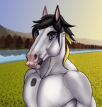 anthro blonde_mane blue_eyes landscape landscape_background male mane muscular solo sunset glaerd glaerd_(character) american_paint_horse equid equine horse mammal absurd_res hi_res