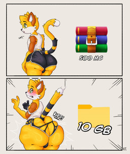 anthro balls big_butt blush bottomwear butt butt_size_difference clothing embarrassed femboy folder genitals male nervous nipples orange_body peeking_nipple raised_tail rear_view shorts shy solo surprised tail thick_thighs torn_bottomwear torn_clothing torn_shorts yellow_body katxfish decompressed_file_meme winrar katxlogan domestic_cat felid feline felis mammal absurd_res hi_res