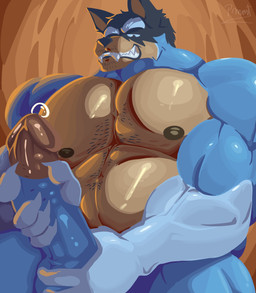 age_difference aged_up anthro ball_grab balls barazoku belly bodily_fluids body_hair chest_hair claws erection fangs finger_claws fur genital_fluids genitals glans hairy male mature_anthro mature_male multicolored_body multicolored_fur musclegut muscular muscular_anthro muscular_male older_anthro older_human penis penis_grab precum smile smiling_at_viewer solo teeth two_tone_body two_tone_fur pinumontbalou bluey_(series) bandit_heeler australian_cattle_dog canid canine canis cattledog domestic_dog herding_dog mammal pastoral_dog hi_res