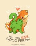 ambiguous_gender black_nose blep duo eyes_closed feral food fur green_body heart_symbol holidays instagram_logo orange_body orange_fur orange_text red_tongue simple_background tan_background text tongue tongue_out twitter_logo valentine's_day_card zhivago_(artist) sushi-tomodachi twitter valentine's_day canid canine felid feline food_creature mammal 2021 english_text hi_res traditional_media_(artwork)