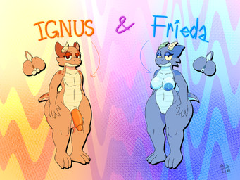 animal_genitalia anthro anus backsack balls big_balls big_butt big_penis breasts butt duo eyeshadow female genitals half-closed_eyes horn makeup narrowed_eyes penis sheath short_tail tail thick_thighs underbelly vulva asizeimock frieda_(asizeimock) ignus_(asizeimock) kobold scalie 4:3 absurd_res hi_res model_sheet
