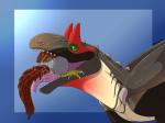 bodily_fluids border claws duo feathers feral feral_on_feral green_eyes green_sclera multicolored_body multicolored_skin open_mouth oral_vore saliva simple_background spikes tongue tongue_out vore wings zotz_(artist) mythology luvian yeet_(zotz) allosaurid allosaurus avian bird canid canine canis dinosaur dragon hybrid mammal mythological_creature mythological_scalie prehistoric_species reptile scalie theropod wolf 2019 signature