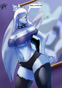 abstract_background amber_eyes anthro big_breasts black_bottomwear black_clothing black_hotpants black_legwear black_shorts black_stockings bone_frill bottomwear breasts cleavage clothed clothing collar cosplay crop_top curvy_figure dialogue elbow_feathers eyelashes feathered_wings feathers female frill_(anatomy) grey_body grey_feathers grey_hair grey_scales hair hotpants legwear long_hair midriff mirror off_shoulder scales shirt short_tail shorts skimpy smile snout solo spiked_collar spikes stockings tail text thick_thighs thought_bubble topwear under_boob voluptuous voluptuous_anthro voluptuous_female wide_hipped_anthro wide_hipped_female wide_hips wings beltimerperbus cavemanon_studios goodbye_volcano_high hellaverse helluva_boss ko_op_(game_developer) snoot_game fang_(gvh) loona_(helluva_boss) prehistoric_species pterodactylus pterosaur reptile scalie 2025 digital_drawing_(artwork) digital_media_(artwork) english_text hi_res signature