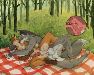 4_toes abdominal_bulge anal anal_penetration animal_genitalia animal_penis anthro balls bedding big_dom_small_sub bite biting_another biting_body biting_partner blanket blush bodily_fluids brown_ears brown_hair brown_nose brown_paws butt canine_genitalia canine_penis claws cum cum_in_ass cum_inside cum_while_penetrated detached_sheath dipstick_ears dipstick_tail dominant dominant_male duo ear_markings erection erection_while_penetrated eyes_closed feet fluffy fluffy_balls fluffy_tail forest forest_background fur genital_fluids genitals gloves_(marking) grabbing_sheets grey_body grey_fur hair happy internal knot knotting leaking_cum leg_markings looking_pleasured male male/male markings mouth_closed multicolored_ears nature nature_background nude orange_body orange_fur orange_tail outside outside_sex pawpads penetration penile penile_penetration penis penis_in_ass plant pose prostate red_penis seductive sex sheath size_difference socks_(marking) submissive submissive_male tail tail_markings tan_body tan_fur toe_claws toes tongue tree white_balls white_body white_fur white_tail_tip rosfox canid canine canis fox mammal red_fox true_fox wolf digital_drawing_(artwork) digital_media_(artwork) hi_res