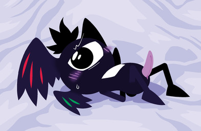 1_eye bed_sheet bedding black_body blush bodily_fluids chest_markings fabric feather_hair feathered_crest feathered_wings feathers furrowed_eyebrows genitals hands_behind_back head_crest lying male markings on_back penis posing_for_picture posing_nude presenting presenting_penis pseudo_hair purple_blush purple_penis silk slit_penis solo sweat sweatdrop turned_on wings wings_on_head worried archfiendofpurity almighty_patapon_(patapon) hero_(patapon) cyclops deity humanoid patapon_(tribe) white hi_res lineless