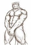 5_fingers abs anthro biceps big_muscles covering covering_crotch covering_self fingers male muscular muscular_anthro muscular_male navel nipples nude pecs pubes simple_background solo white_background bomb_(artist) felid mammal pantherine tiger hi_res sketch