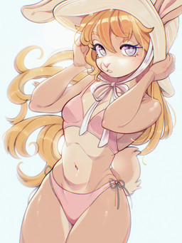 anthro bangs bikini blonde_hair blue_eyes breasts clothing eyelashes female hair hat headgear headwear long_hair navel pink_bikini pink_clothing pink_nose pink_swimwear simple_background small_breasts small_waist solo swimwear tail two-piece_swimsuit white_background cepto_(artist) lagomorph leporid mammal rabbit 2023 colored colored_sketch digital_drawing_(artwork) digital_media_(artwork) hi_res shaded sketch