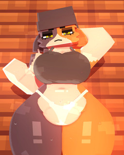 anthro aroused big_breasts blush bodily_fluids bottomless bottomless_female breasts clothed clothing curvy_figure ear_piercing embarrassed female fur genitals looking_at_viewer looking_down looking_down_at_viewer on_top open_mouth panties piercing shirt simple_background solo sweat sweater sweaty_body tank_top tongue tongue_piercing topwear underwear vulva wide_hips yellow_eyes coresvoid epic_games fortnite microsoft minecraft mojang xbox_game_studios meow_skulls domestic_cat felid feline felis mammal 2026 3d_(artwork) 4:5 digital_media_(artwork) hi_res mine-imator_(artwork)
