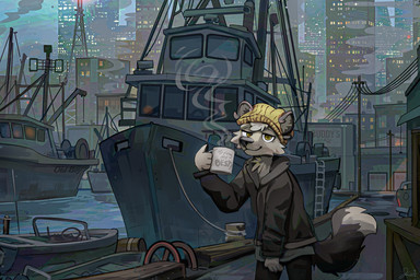 anthro billboard biped boat bottomwear box brown_eyes building city city_background cityscape clothing coffee_mug container crate cup detailed_background dipstick_tail dockyard fingers front_view fur grey_body grey_fur hat headgear headwear holding_container holding_cup holding_mug holding_object humanoid_hands jacket ladder looking_at_viewer male markings modern_architecture mug outside pants port power_lines ship shirt sign sky skyscape skyscraper smile smoke solo standing tail tail_markings text topwear urban utility_pole vehicle watercraft window jacato canid mammal artist_name colored english_text hi_res shaded signature