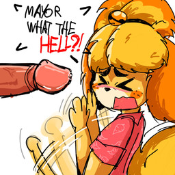 anthro blush blush_lines bodily_fluids disembodied_penis disgust duo embarrassed female freckled_face freckles genital_fluids genitals gesture grossed_out humanoid_genitalia humanoid_penis leaking_precum male male/female mostly_offscreen_character motion_lines penis precum sexual_harassment shy solo_focus vein waving yelling vannillama animal_crossing nintendo isabelle_(animal_crossing) canid canine mammal 1:1 hi_res
