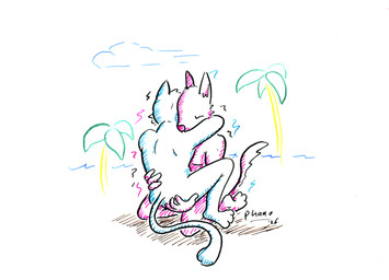 anthro arm_around_neck beach cloud duo eyes_closed from_front_position hand_on_butt holding_another hug kneeling male male/male palm_tree plant sea shaking shivering tree water phano canid canine felid feline mammal