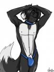 anthro black_body black_fur blue_eyes bulge clothed clothing collar floppy_ears fur looking_at_viewer male pose simple_background solo thong underwear white_background white_body white_fur arrwulf bird_dog canid canine canis domestic_dog hunting_dog labrador mammal retriever 3:4