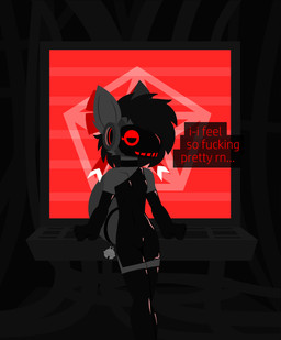 accessory anthro choker clothed clothing dress electronics female fur hair jewelry lidded_eyes machine monitor necklace profanity smile solo teeth_showing text dog_brained humanoid protogen absurd_res digital_media_(artwork) english_text hi_res