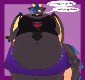 anthro asking_viewer belly big_belly big_breasts biped black_markings black_text bottomwear breasts claws clothing constellation_markings countershade_tail countershading ellipsis female female_anthro finger_claws fingerless_(marking) freckled_face freckled_hips freckles fur glorp grey_body grey_fur grey_tail gurgle_(sound_effect) horn huge_belly huge_breasts linked_speech_bubble low-angle_view markings membrane_(anatomy) membranous_wings navel obese obese_anthro obese_female orange_body orange_claws orange_countershading orange_fur orange_horn orange_membrane orange_wings overweight overweight_anthro overweight_female purple_bottomwear purple_clothing purple_skirt rumbling_stomach skirt slosh solo speech_bubble tail talking_to_viewer text thick_tail wings yes-no_question strawberrymilkdog mythology iris_(frenchiekrueger) dragon furred_dragon furred_scalie mythological_creature mythological_scalie scalie hi_res