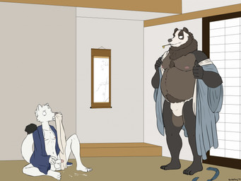 after_masturbation anthro asian_clothing balls beard blue_clothing bodily_fluids bulge caught_in_the_act caught_masturbating clothing cum cum_on_ground duo east_asian_clothing facial_hair fundoshi genital_fluids genitals historical_dress historical_porn japanese_clothing kakemono kimono kiseru male male/male masturbation moobs mostly_nude mostly_nude_male neck_tuft nipples overweight overweight_male penis pipe sitting slightly_chubby slim slim_male smoking_pipe sniffing sniffing_clothes standing tatami_room tuft underwear underwear_sniffing undressing washitsu white_clothing scribefang aritaka_(scribefang) seikuu_(scribefang) badger japanese_badger mammal meles mustelid musteline stoat true_musteline weasel hi_res
