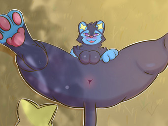 anthro anus balls bedroom_eyes blush blush_lines bodily_fluids butt genitals looking_at_viewer male narrowed_eyes pawpads presenting presenting_hindquarters seductive solo sweat tail thick_thighs tongue tongue_out purpleiron nintendo pokemon generation_4_pokemon luxray pokemon_(species) 4:3 absurd_res hi_res