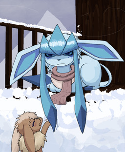 blue_body blue_ears blue_eyes blue_fur blue_hair blue_inner_ear blue_nose blue_tail blush blush_lines brown_body brown_ears brown_fur dipstick_tail female feral freckles fur hair long_ears long_tail looking_at_viewer markings neck_tuft quadruped scarf snow tail tail_markings tan_body tan_fur tan_hair tuft commonbleat nintendo pokemon canid eevee eeveelution generation_1_pokemon generation_4_pokemon glaceon mammal pokemon_(species) hi_res