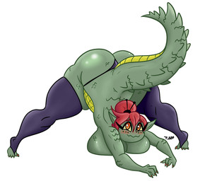 anthro ass_up big_breasts blush breast_squish breasts clothing female front_view green_body hair jack-o'_pose legwear mature_anthro mature_female non-mammal_breasts pose red_eyes red_hair simple_background solo squish stockings tail thick_thighs thong underwear white_background wide_hips tibbs daisy_(tibbs) crocodile crocodilian reptile scalie 2021 6:5 absurd_res digital_media_(artwork) hi_res