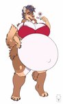 anthro areola areola_slip belly big_belly bra brown_body brown_fur clothing female fur glistening glistening_eyes hair holding_pregnancy_test huge_belly logo mohawk navel open_mouth orange_body orange_fur pink_eyes pregnant pregnant_anthro pregnant_female purple_hair red_bra red_clothing red_underwear solo standing underwear white_body white_fur milk-jug canid canine mammal artist_logo full-length_portrait portrait