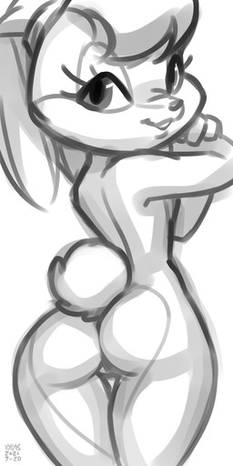 buckteeth butt female genitals looking_at_viewer nude simple_background smile standing tail teeth vulva xylas looney_tunes warner_brothers lola_bunny lagomorph leporid mammal rabbit 1:2 2021 hi_res monochrome sketch