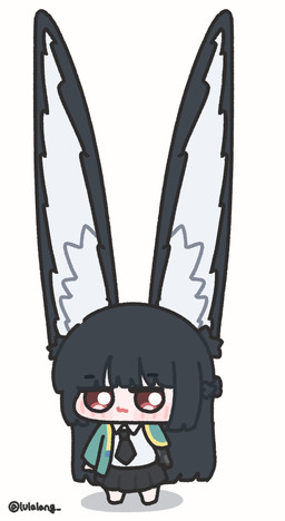 accessory bangs black_hair blunt_bangs blush bottomwear chibi clothing collared_shirt female hair huge_ears looking_at_viewer necktie red_eyes shirt simple_background skirt solo topwear white_background lulalang mihoyo zenless_zone_zero hoshimi_miyabi animal_humanoid canid canid_humanoid canine canine_humanoid fox_humanoid humanoid mammal mammal_humanoid 2026 hi_res