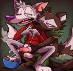 3_toes 4_fingers animal_genitalia animal_penis anthro balls black_body black_fur black_nose bodily_fluids bottomless bottomwear brown_body brown_fur canine_genitalia canine_penis cereal claws clothed clothing cookie countershade_torso countershading crouching cum cum_on_food dipstick_tail duo ejaculation fangs feet fingers food food_fetish food_play fur genital_fluids genitals grey_body grey_fur hand_on_hip handjob jacket jacket_only knot knot_grab knotted_penis loincloth looking_pleasured male male/male markings multicolored_body paws penile penis penis_grab purple_nose reach_around sex shoulder_pads sitting spread_legs spreading tail tail_markings tail_motion tailwag teeth toes tongue topwear topwear_only tribal tuft two_tone_body conditional_dnp kazoko_(artist) blizzard_entertainment cookie_crisp warcraft chip_the_wolf suel canid canine canis mammal wolf wolvar absurd_res alternate_version_at_source hi_res huge_filesize