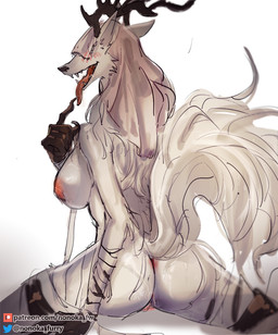 anthro antlers anus biped blush breasts butt covered_eyes eyes_closed female fur genitals hair horn kneeling looking_back nipples open_mouth rear_view simple_background solo tongue tongue_out vulva white_background white_body white_fur white_hair nonoka917 bloodborne fromsoftware mythology sony_corporation sony_interactive_entertainment vicar_amelia beast_(bloodborne) canid canine mammal monster mythological_canine mythological_creature werecanid werecanine werecreature werewolf 2022 digital_media_(artwork) hi_res