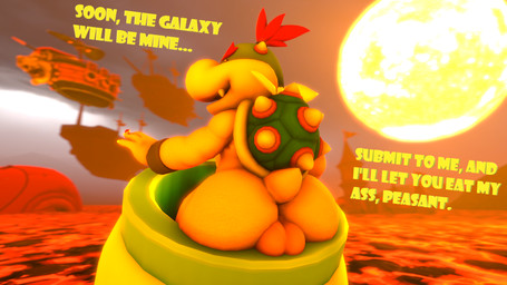 anthro balls butt butt_focus cloud cloudy_sky clown_copter dialogue genitals hair male red_hair ring seductive sky solo sun text yellow_body yellow_skin young young_anthro doommusk mario_bros nintendo bowser_jr. koopa reptile scalie 16:9 3d_(artwork) digital_media_(artwork) english_text hi_res source_filmmaker_(artwork) widescreen
