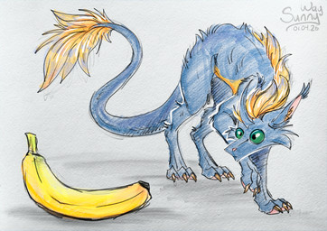 banana claws fangs feral fluffy food fruit fur fya holidays horn male paws plant scared silly teeth toony sunny_way april_fools'_day ki'rinaes hi_res