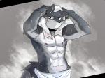 abs anthro biceps biped black_nose blush clothed clothing drying frown fur grey_body grey_fur looking_at_viewer male muscular muscular_anthro muscular_male nipples pecs pose solo standing topless towel towel_around_neck towel_only water wet white_body white_fur guang_yang luwei_(artist) canid canine canis mammal wolf 2013 4:3