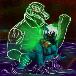 anthro bdsm bondage bound corruption domination/submission duo flip gas_mask latex male male/male mask musk 35fox american_mythology evil_dead mythology necronomicon alligator alligatorid chupacabra crocodilian reptile scalie 1:1 absurd_res hi_res
