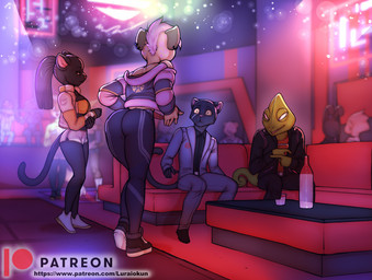 alcohol_bottle anthro beverage_bottle bottle bottomwear clothing container female furniture group hotpants jacket leggings legwear male male/female nightclub shorts sofa suit text topwear luraiokun glue_studios nintendo rimba_racer star_fox leon_powalski panther_caroso tamira_(rimba_racer) vyxx_(rimba_racer) chameleon felid hyena lizard mammal pantherine reptile scalie crossover hi_res url