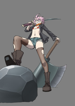 5_fingers axe bikini bikini_top boots bottomwear clothed clothing eyewear female fingers flat_chested footwear glasses grey_background grin hair holding_melee_weapon holding_object holding_sword holding_weapon horn humanoid_pointy_ears legwear looking_at_viewer melee_weapon not_furry pink_hair pointy_ears pose purple_eyes rock shoes shorts simple_background smile solo swimwear sword teeth thigh_highs torn_clothing two-piece_swimsuit weapon osanadaisuke asian_mythology east_asian_mythology japanese_mythology mythology demon humanoid oni yokai hi_res