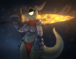 anthro armor belly big_sword breasts clothed clothing eyelashes eyeshadow female glowing_weapon head_markings heat_sword horn horn_markings makeup markings melee_weapon navel red_clothing scarf simple_background solo sword tail tail_markings underwear weapon white_eyes squablodecomplash dark_souls fromsoftware amber_(squablodecomplash) kobold mammal scalie digital_media_(artwork)