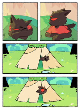 3_eyes ambiguous_anthro ambiguous_gender anthro black_body black_fur clothed clothed_ambiguous clothing day fur grass lying multi_eye on_front plant red_eyes solo tent rubyfunkey narinder domestic_cat felid feline felis mammal 2024 comic digital_drawing_(artwork) digital_media_(artwork) hi_res