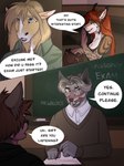 anthro blush classroom clothing dialogue eyewear facial_hair female glasses hair long_hair male school text rimann james_gonzalez_(rimann) jessica_reed_(rimann) nathan_wallace_(rimann) canid canine canis equid equine felid feline horse lynx mammal wolf comic english_text hi_res