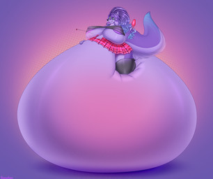 5_fingers anthro belly belly_squish big_belly big_breasts black_nose bottomwear breasts clothed clothing female fingers food fur hair holding_object huge_belly huge_breasts hyper hyper_belly hyper_breasts hyper_inflation immobile inflation inner_ear_fluff leggings legwear nipple_slip nipples pink_tongue popsicle purple_body purple_fur purple_hair purple_inner_ear_fluff purple_nipples resting_on_belly shirt skirt solo squish tail tail_over_skirt tongue tongue_out topwear tuft under_boob adamziet canid canine canis mammal wolf 2024 hi_res shaded