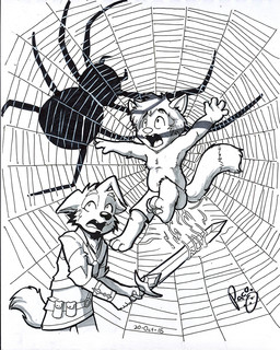 ambiguous_feral ambiguous_gender anthro bottomwear clothed clothing feral group holding_melee_weapon holding_object holding_sword holding_weapon logo male male_anthro melee_weapon open_mouth pants spider_web standing sword topless topwear trapped trio weapon young young_anthro young_male pandapaco arachnid arthropod canid canine mammal spider 2015 artist_logo dated monochrome signature sketch