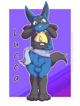 abs animal_genitalia anthro balls border bottomless clothed clothing front_view genitals grin looking_at_viewer male mostly_nude nude sheath smile solo standing text thick_thighs white_border mrpandragon nintendo pokemon fan_character lucca_the_lucario canid canine generation_4_pokemon lucario mammal pokemon_(species) english_text full-length_portrait hi_res model_sheet portrait source_request