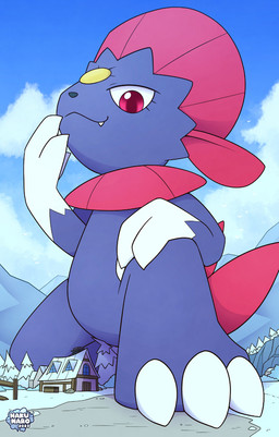 blue_body blue_sky building claws cloud day featureless_crotch hand_on_face hand_on_knee hand_on_leg house looking_at_viewer macro on_knee plant red_eyes sky smile tree white_claws winter hakunaro nintendo pokemon generation_4_pokemon pokemon_(species) weavile hi_res
